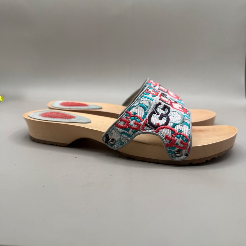 UGG Slide Sandals Womens 7 Wood Clog Embroidered Logo Multi-Color 1670